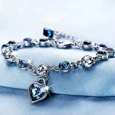 Women Silver Color Lucky Bracelet Female Blue Crystal Heart
