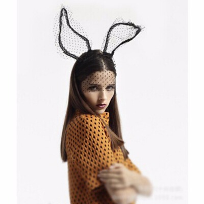 Women Girl Hairbands Lace Rabbit Bunny Ears Veil Black Eye M