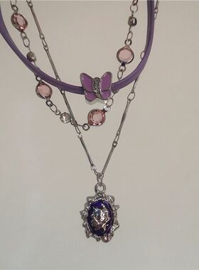 Purple Butterfly Flower Pendant Crystal Chain Leather Neckla