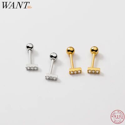925 Sterling Silver Simple Bar Screw Bead Piercing Stud Earr