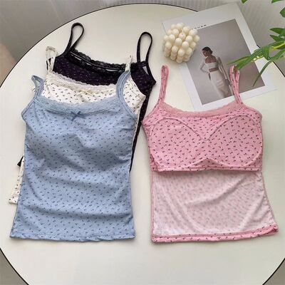 Summer Print Crop Tops for Women Bow Lace Camisole Sexy Back