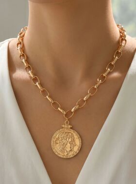 Vintage Portrait Coin Pendant Paperclip Chain Choker Necklac