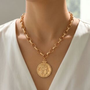 Vintage Portrait Coin Pendant Paperclip Chain Choker Necklac