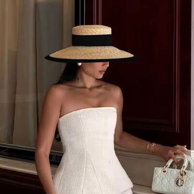 Summer straw hat black edging French elegant ladies seaside