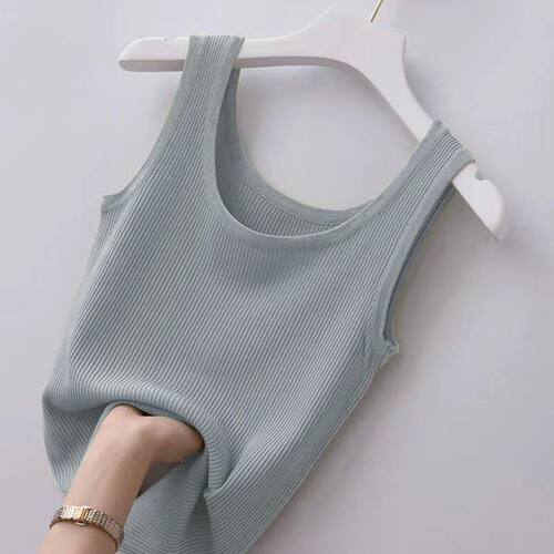 Summer Basic Knitted Tank Top Solid Color O  Neck Crop Tops