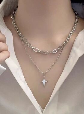 New Design Double Layer Link Chain Cross Star Necklace for W