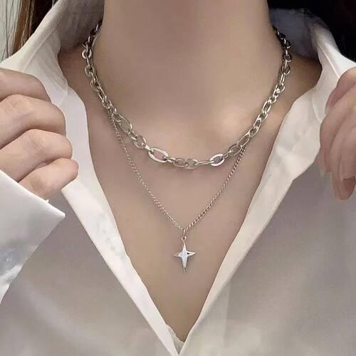 New Design Double Layer Link Chain Cross Star Necklace for W