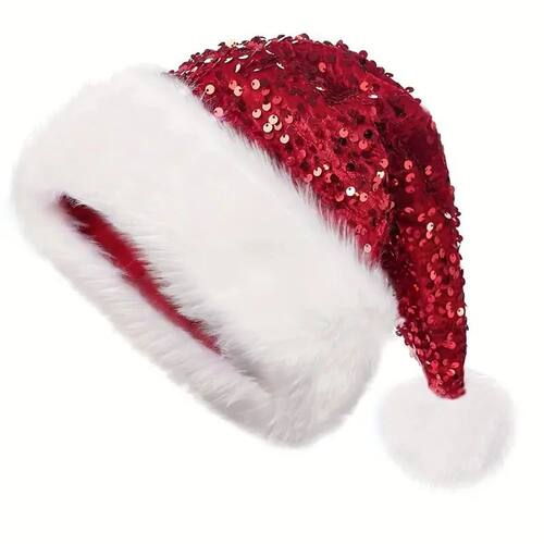 Sequin Christmas Hat Plush Solid Color Sparkle Santa Claus H