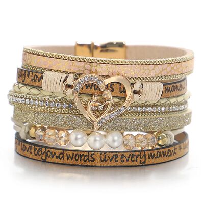 Retro Pearl Crystal Beads Wrap Leather Bracelet for Women Em