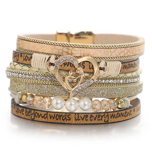 Retro Pearl Crystal Beads Wrap Leather Bracelet for Women Em