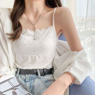 Tank Top Black Basic Sleep White Camisole Strap Summer Lace