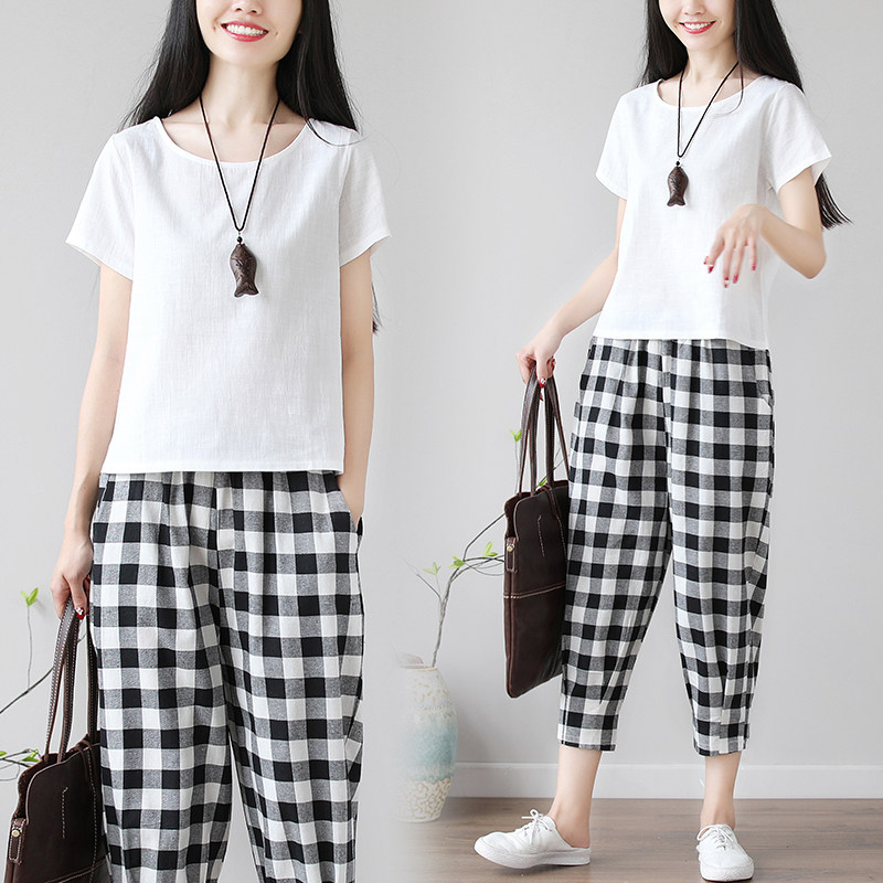 胖妹妹夏季新款小清新短袖兩件套文藝大碼女裝顯瘦格子七分褲套裝在類目 女裝/女士精品, 大碼女裝中 - 來自Buy2taobao.com提供專業的淘寶代購服務