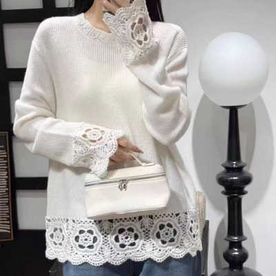 100%山羊绒毛衣欧洲站2025冬装新款欧货圆领勾花镂空刺绣针织衫女