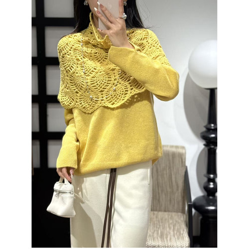 100%山羊绒毛衣欧洲站2025秋季新款欧货时尚勾花镂空高领针织衫女