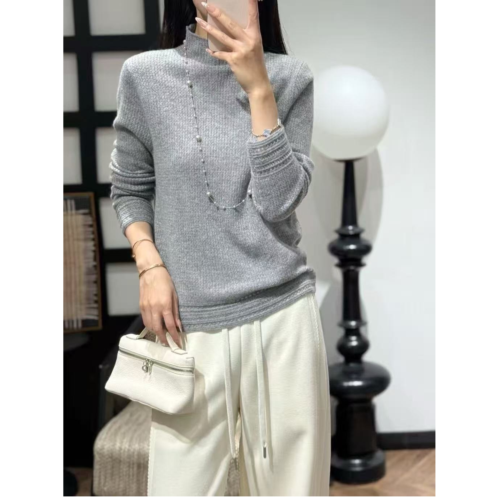 100%山羊绒毛衣欧洲站2025冬装新款纯色百搭立领套头针织衫女打底