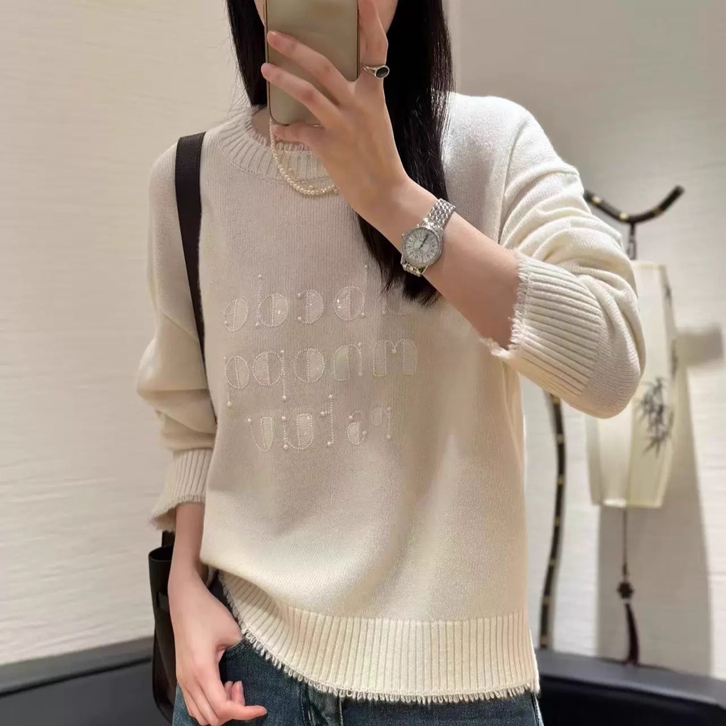 100%山羊绒毛衣欧洲站2025秋季新款欧货时尚钉珠钉珠圆领针织衫女