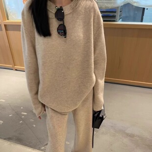 欧洲站2025秋冬欧货新款懒散风圆领羊毛毛衣+针织阔腿裤套装女潮