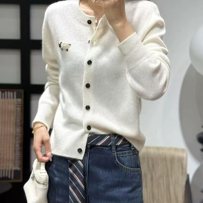 100%山羊绒毛衣欧洲站2025秋季新款欧货绵羊钉珠圆领针织开衫女