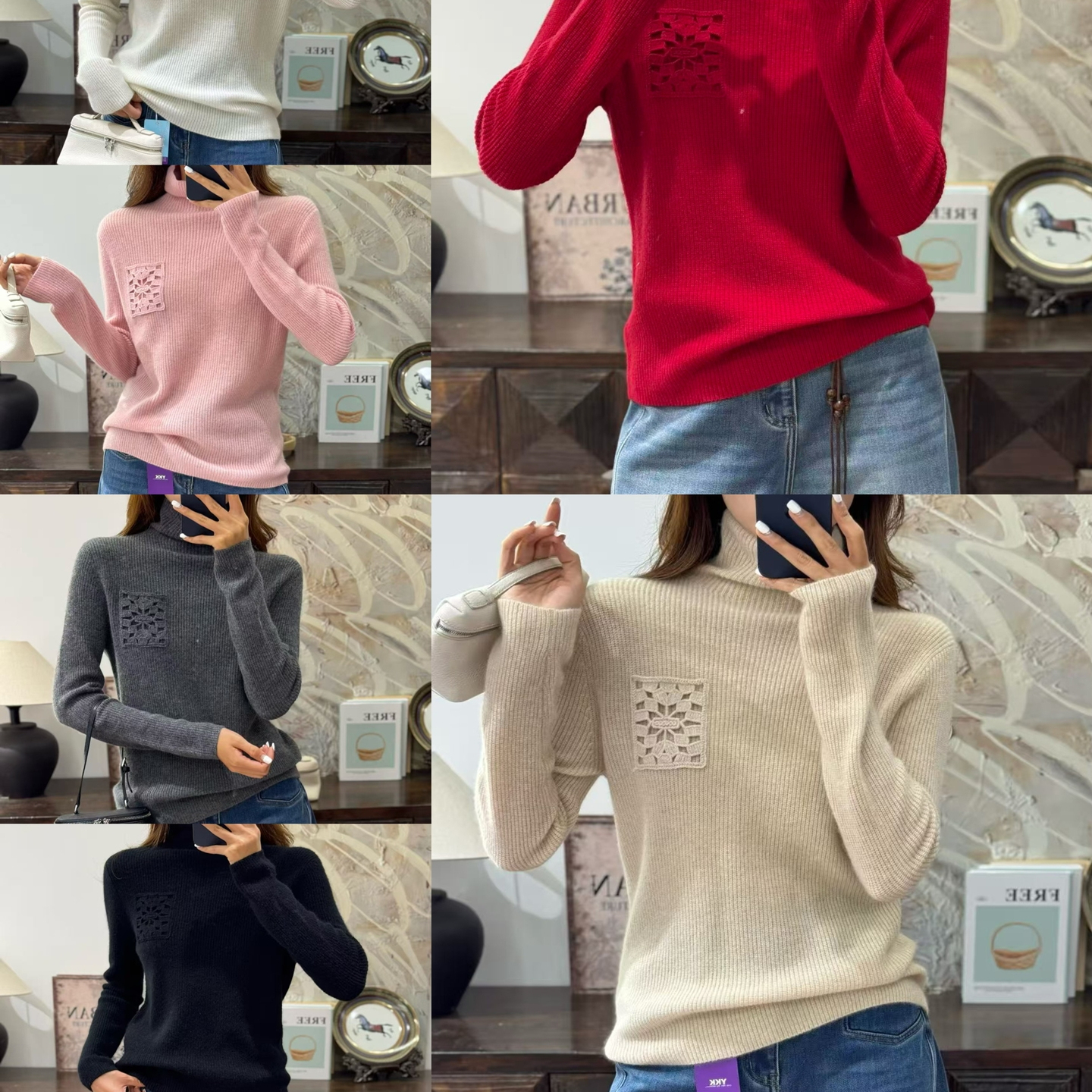 100%山羊绒毛衣2025冬装纯色百搭勾花镂空刺绣高领打底针织衫女