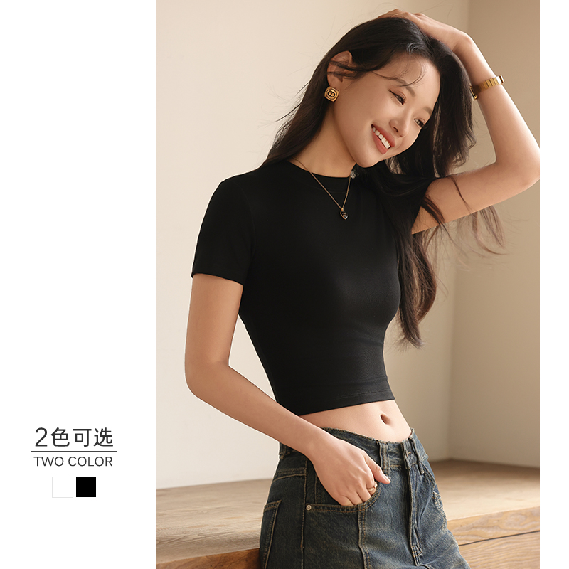 黑色短袖t恤女夏季圆领短款紧身显瘦露脐性感辣妹正肩体恤上衣潮