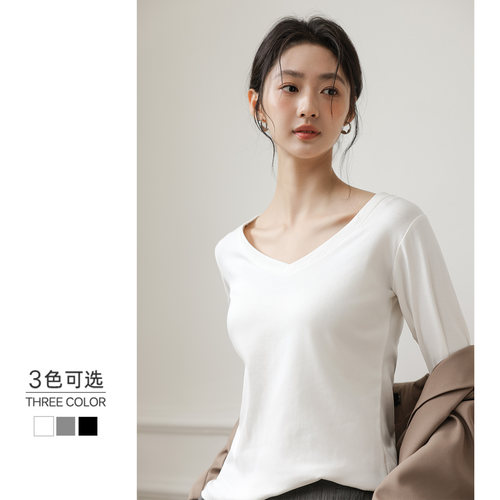 白色v领长袖t恤女2025秋冬新款宽松内搭薄款正肩打底衫高级感上衣