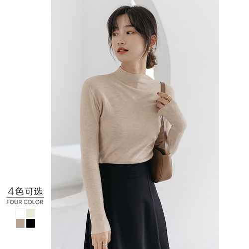 2025秋冬新款半高领毛衣女修身黑白色上衣长袖中领内搭打底针织衫