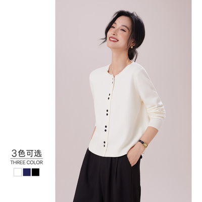圆领针织开衫女2025秋季新款时尚高级感长袖宽松显瘦上衣白色毛衣
