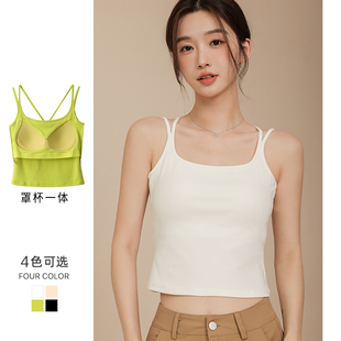 上衣 方领双肩带吊带背心女夏带胸垫白色后背交叉带内搭外穿打底衫