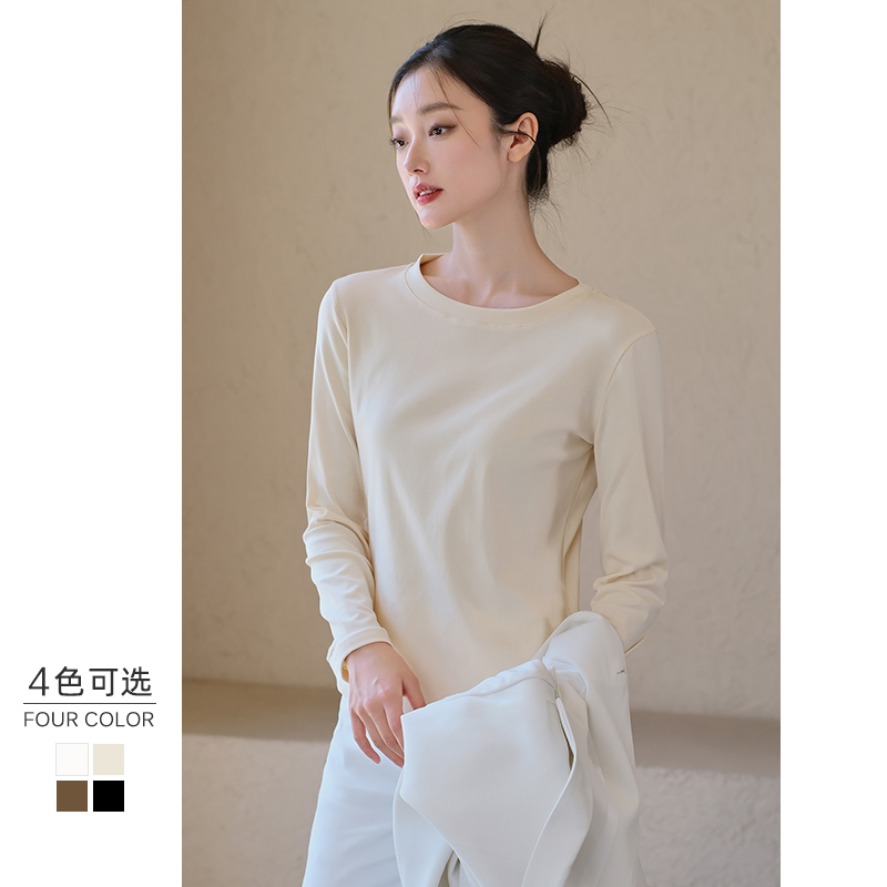 圆领长袖t恤2025年秋季新款打底衫女宽松纯棉内搭黑白色百搭上衣