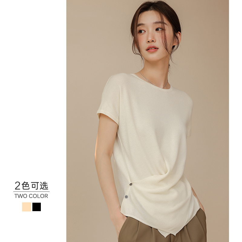 白色小飞袖冰丝短袖t恤女2025夏季新款不规则修身收腰针织上衣潮
