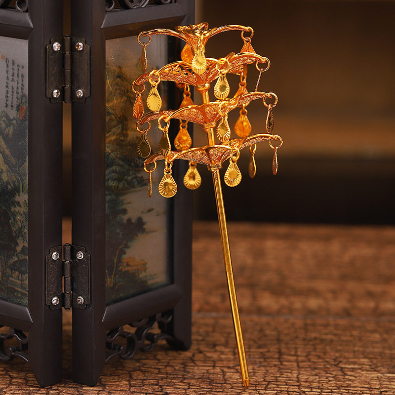 新款金色树叶款傣族发簪 汉服头发饰古风流苏发钗 古典演出饰品