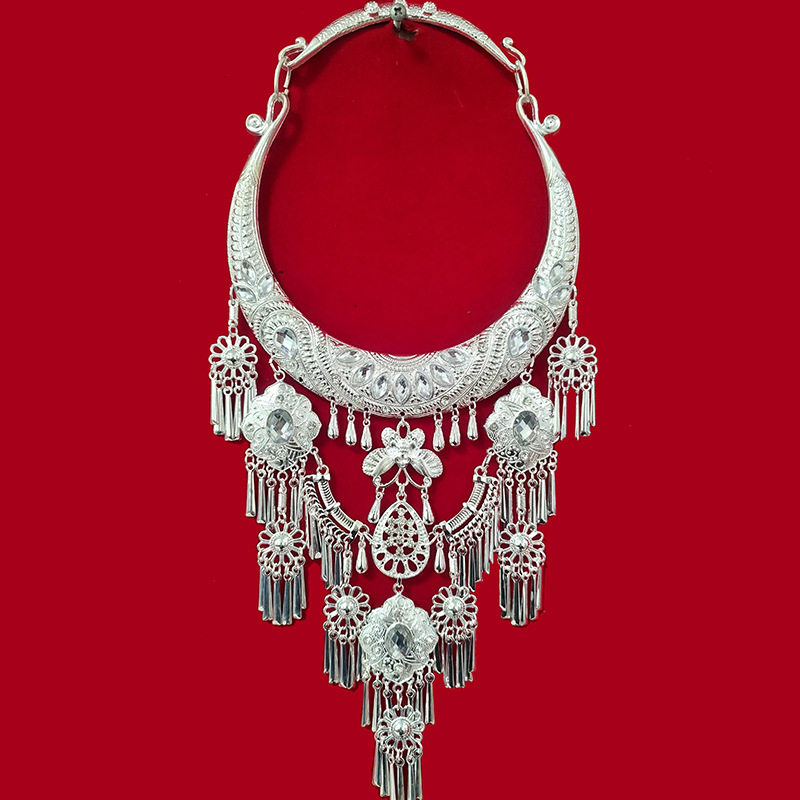 新款苗银项圈镀银白宝石水钻银饰汉服苗族舞蹈饰品民族女流苏
