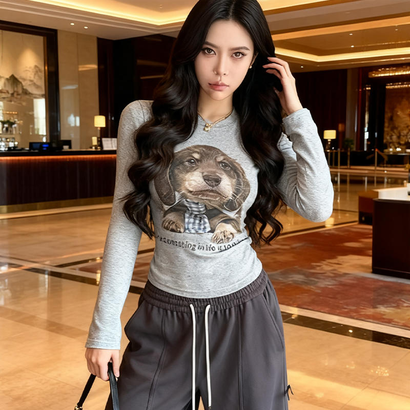 新款微胖猫咪印花长袖女秋季修身显瘦打底衫运动休闲健身T恤2025