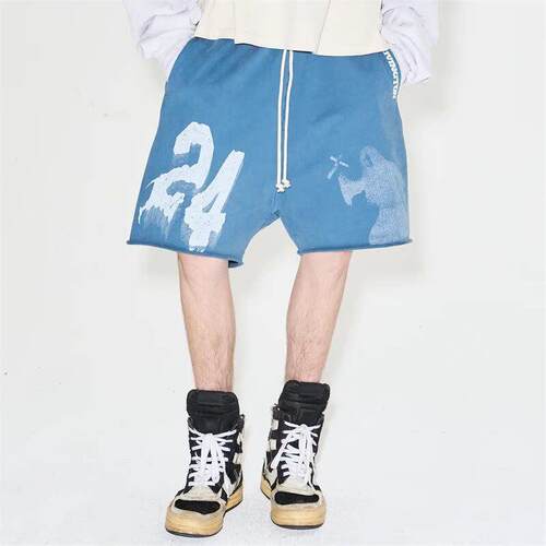 RRR-123巫师驱魔标语24印花洗水复古潮牌短裤INS男女系带五分裤