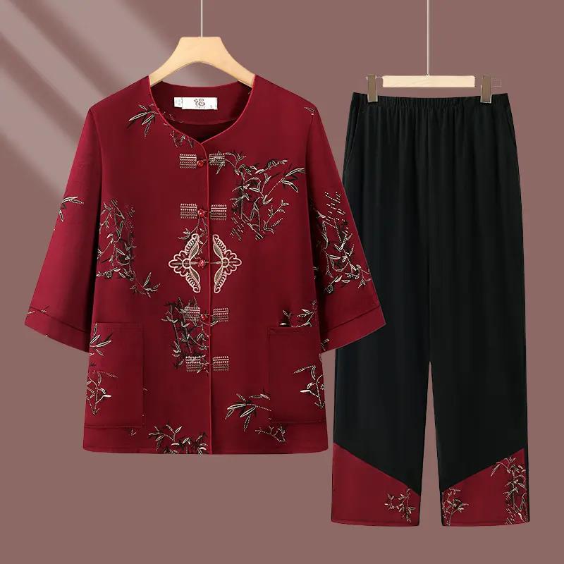 千响服装奶奶夏季薄款套装宽松大码中老年两件圆领七分袖老人套装