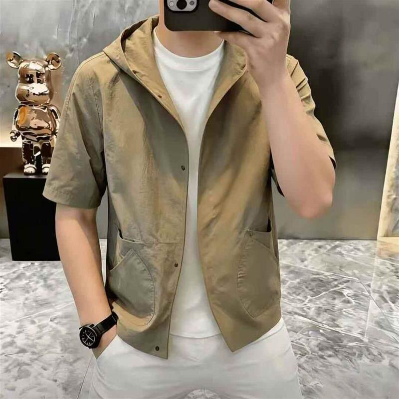 宏嫩高档夏季男士口袋设计连帽短袖衬衫休闲外套海灵百货服饰男装