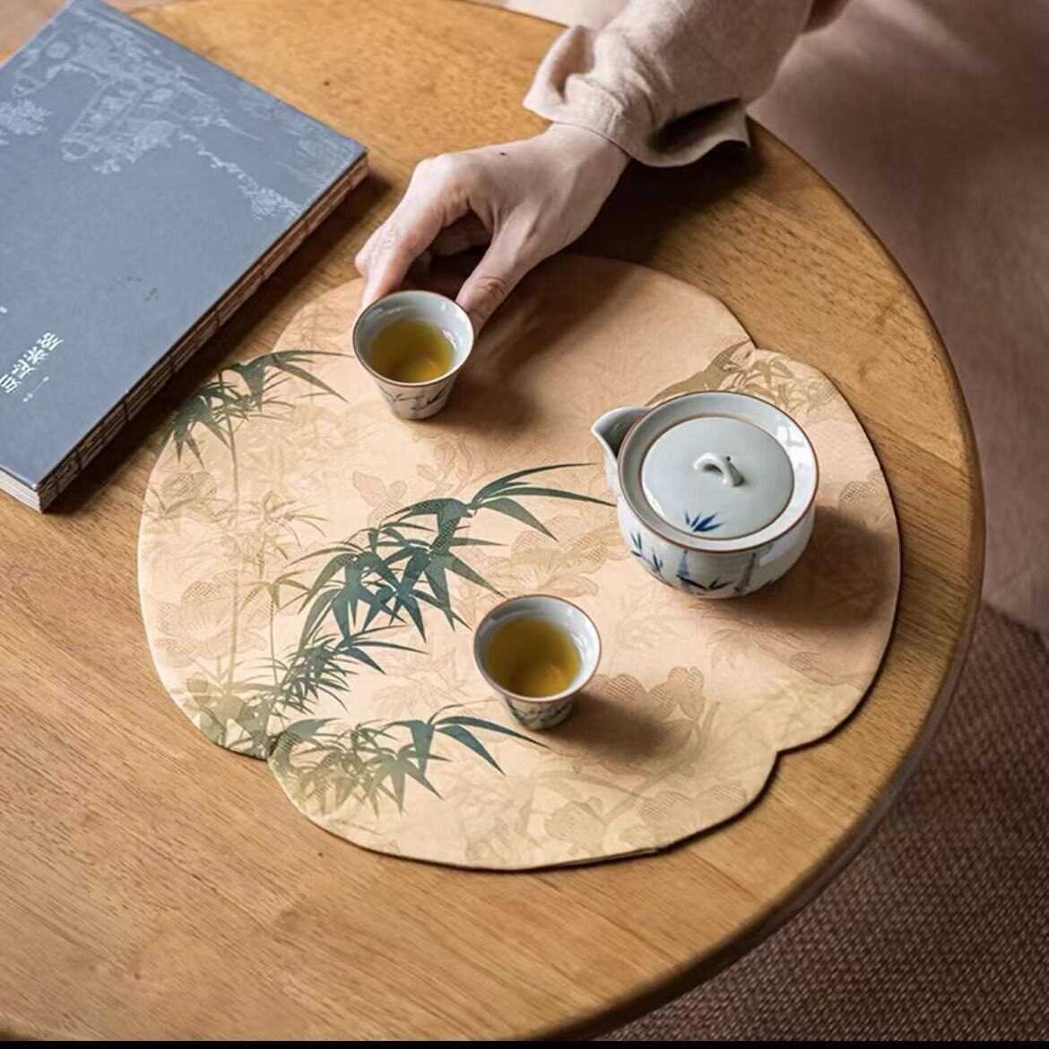 香云纱双面小茶席批发海棠圆形防水防滑干泡垫禅意长条茶几桌布图片