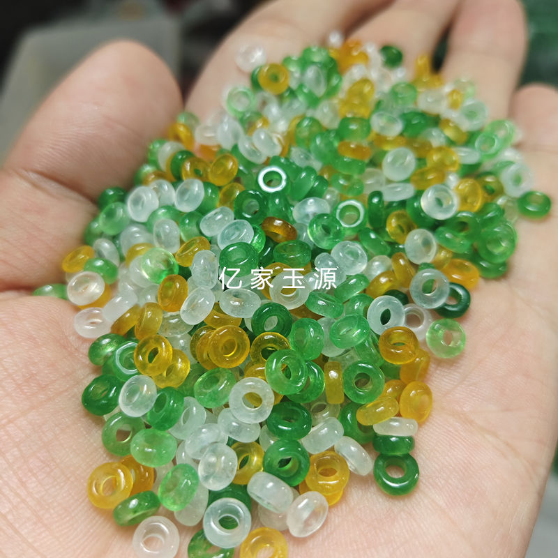 冰种翡翠三彩色大孔算盘珠巴山翠diy文玩手串项链隔珠隔片配珠