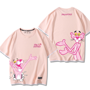 PINK PANTHER粉红豹周边短袖假两件T恤男女夏季纯棉宽松百搭衣服