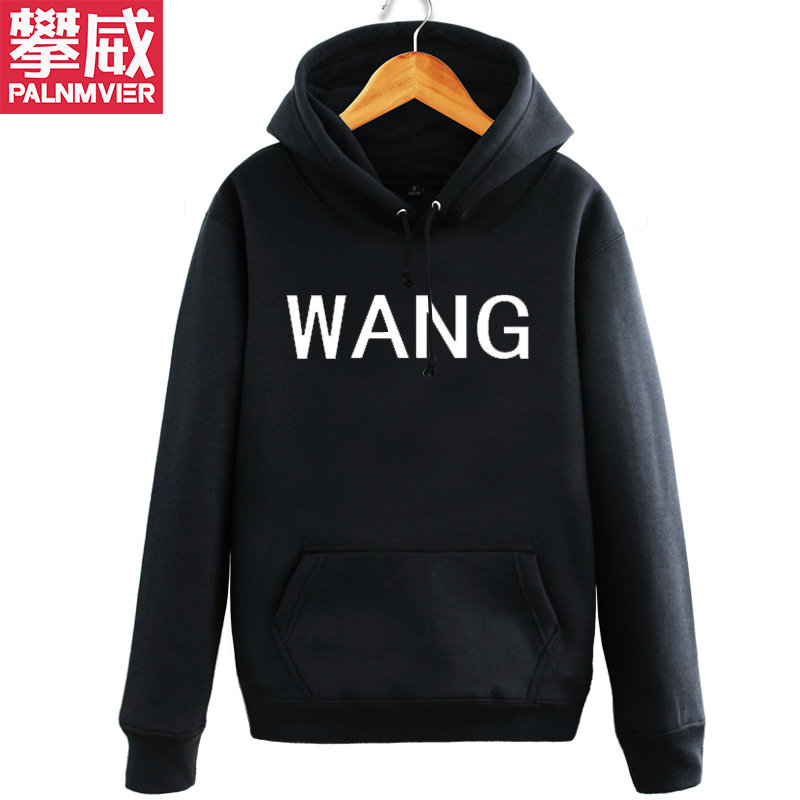 快手红人男女字母WANG印花韩版秋冬连帽加绒卫衣外套衣服男女学生