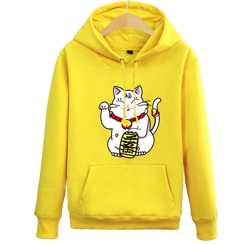 秋冬招财猫加绒连帽卫衣男女红色韩版外套情侣装秋装2018新款潮