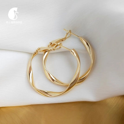 S925银镀14K金耳针欧美时尚耳圈个性大圆环圈圈耳环女时髦耳圈