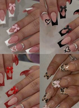 96PCS Medium Coffin Fake Nails With 3d Bow Pendant Design, H
