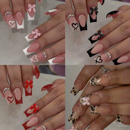 96PCS Medium Coffin Fake Nails With 3d Bow Pendant Design, H