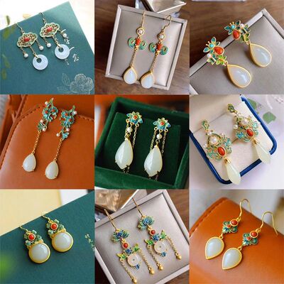 Natural Hetian  jade enamel porcelain Earrings Chinese retro