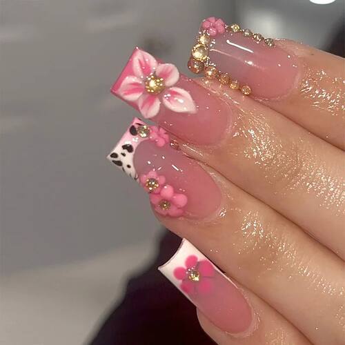 24pcs Long Pink French Press on Nails 3D Flower Fake Nails S