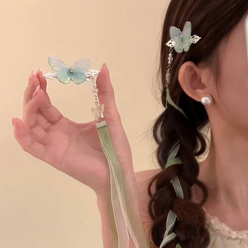 2pcs Neo Chinese Style Hair Clips Fairy Butterfly Ribbon Hai
