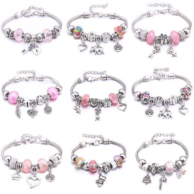 Pink Charm Bangle Lobster Buckle Snake Chain Beaded Bangles