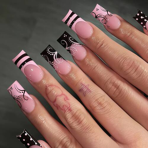 24Pcs Sweet Punk Vine Striped Pink Black French Polka Dot Pr