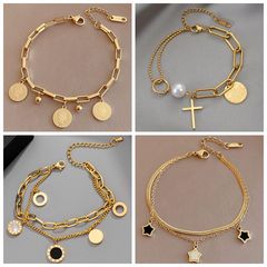 Stainless Steel Layered Golden Pendant Bracelet For Women Re